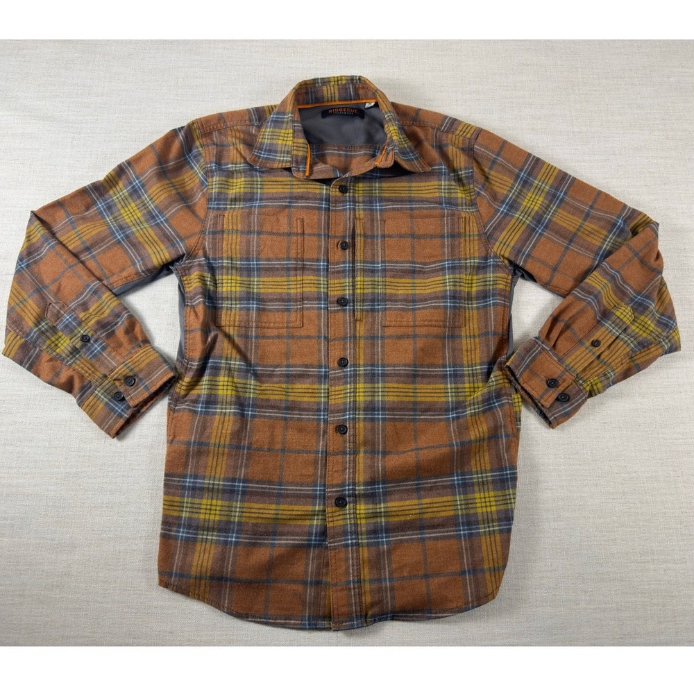 Ridgecut Toughwear Mens Plaid Flannel Shirt Brown Yellow Mesh Vent Medium